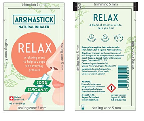 Aromastick Relax - Ayuda a relajarte y enfrentar la presión - Inhalador terapéutico natural - Aromaterapia - 100% aceites esenciales puros orgánicos, bio, Lavanda, Mandarina, Vetiver