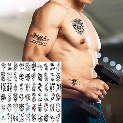 AROMUJOY Tatuajes temporales 60 Hojas Tatuajes Temporales para CuerpoBrazo Cara Cuello Hombro Pecho Falso Tatuaje de Larga Duración Adultos Hombres Mujere