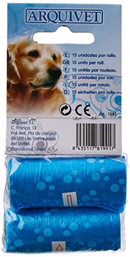 ARQUIVET Bolsas de recambio o basura para perros - 2 rollos x 15 bolsas - Para recoger excrementos, cacas o desechos - Bolsitas de color azul