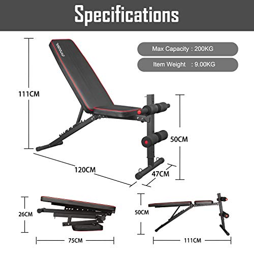 arteesol Banco de pesas plegable, ajustable, multifunción, banco inclinado, ejercicios de peso, aparatos de fitness, para el hogar (Negro + Rojo)