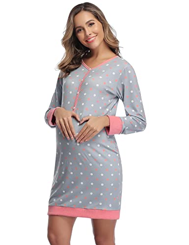 Aseniza Camisón Lactancia Algodón Camisón Premamá Invierno de Manga Larga Pijamas Embarazadas Vestido de Maternidad para Mujer (Naranja,S)