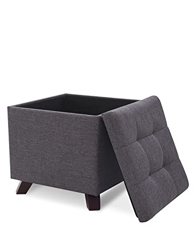 Asiento con Forma de Cubo Reposapiés Puff Baúl Otomana en Esponja con Patas de Madera Maciza Lino Cuadrado Caja de Almacenamiento Taburete con Tapa para Almacenaje Gris Oscuro