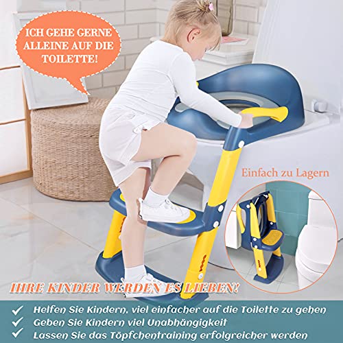 Asiento de Inodoro con Escalera Plegable para Niños, Scothen WC Niños Aseo Asiento con Escalera Asiento Inodoro Ajustable Bebés Orinales Asiento para 38-42cm Inodoro Altura, Niños 1- 7 años (azul)