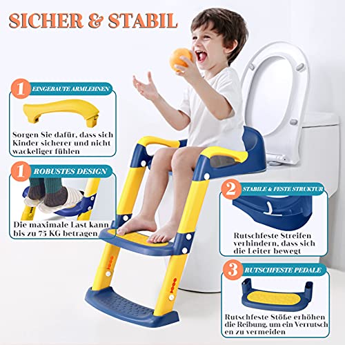 Asiento de Inodoro con Escalera Plegable para Niños, Scothen WC Niños Aseo Asiento con Escalera Asiento Inodoro Ajustable Bebés Orinales Asiento para 38-42cm Inodoro Altura, Niños 1- 7 años (azul)