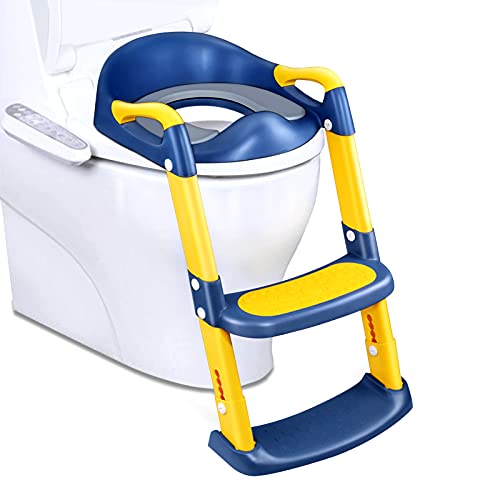 Asiento de Inodoro con Escalera Plegable para Niños, Scothen WC Niños Aseo Asiento con Escalera Asiento Inodoro Ajustable Bebés Orinales Asiento para 38-42cm Inodoro Altura, Niños 1- 7 años (azul)