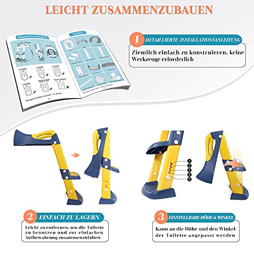 Asiento de Inodoro con Escalera Plegable para Niños, Scothen WC Niños Aseo Asiento con Escalera Asiento Inodoro Ajustable Bebés Orinales Asiento para 38-42cm Inodoro Altura, Niños 1- 7 años (azul)