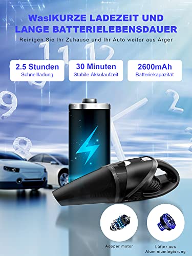 Aspiradora de Mano Sin Cable 13000PA/120W para Coche en Seco y Húmedo, 68 dB, Silenciosa, con Sistema de Filtro de Dos Niveles, Aspirador con Batería de Litio de 2600 mAh, Carga rápida