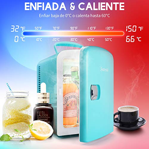 AstroAI Mini Refrigerador, Mini Nevera Portátil para el Skincare 4L 6 Latas de Refrescos, Mini Neveras 220V/12V para Enfriar y Calentar (Semi-azul y verde)