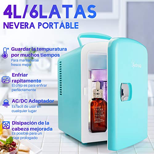 AstroAI Mini Refrigerador, Mini Nevera Portátil para el Skincare 4L 6 Latas de Refrescos, Mini Neveras 220V/12V para Enfriar y Calentar (Semi-azul y verde)