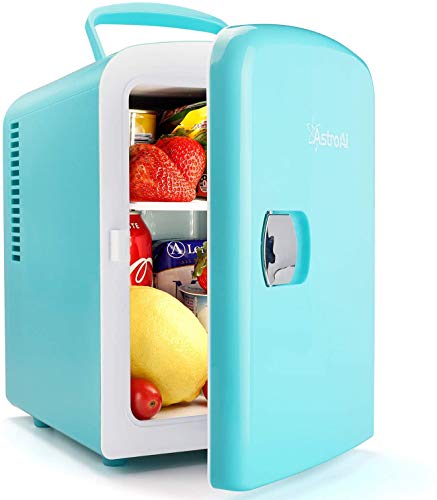 AstroAI Mini Refrigerador, Mini Nevera Portátil para el Skincare 4L 6 Latas de Refrescos, Mini Neveras 220V/12V para Enfriar y Calentar (Semi-azul y verde)