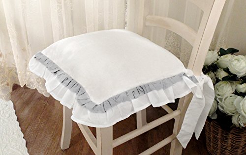 AT17 Cojín de la Silla con Dos Volantes, Cojín con Relleno, Almohada Funda De Cojín Romántico Rústico Shabby Chic - Volantes - 40x40 - Blanco/Gris