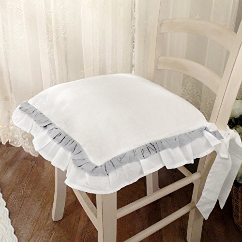 AT17 Cojín de la Silla con Dos Volantes, Cojín con Relleno, Almohada Funda De Cojín Romántico Rústico Shabby Chic - Volantes - 40x40 - Blanco/Gris