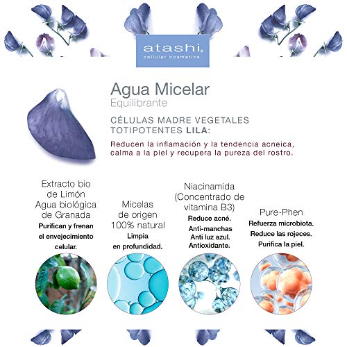 Atashi Fresh & Pure - Agua Micelar Facial | Limpia, Calma Y Respeta La Piel | Anti Envejecimiento | Limpiador Facial | Reduce Acné, Transparente, Floral, 150 Mililitro