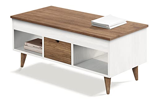 Atelier-Mesa Centro Elevable Madera Maciza Natural, Combinado Color Blanco y Madera. Medidas;100cm x 50cm x 47cm.