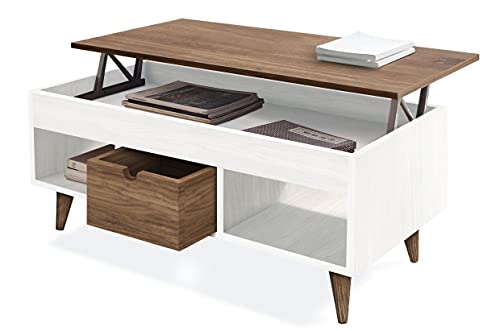 Atelier-Mesa Centro Elevable Madera Maciza Natural, Combinado Color Blanco y Madera. Medidas;100cm x 50cm x 47cm.