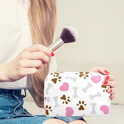 ATOMO Bolsa de cosméticos, bolsa de viaje de moda grande organizador para mujeres, hueso gris marrón pie impresión corazón rosa