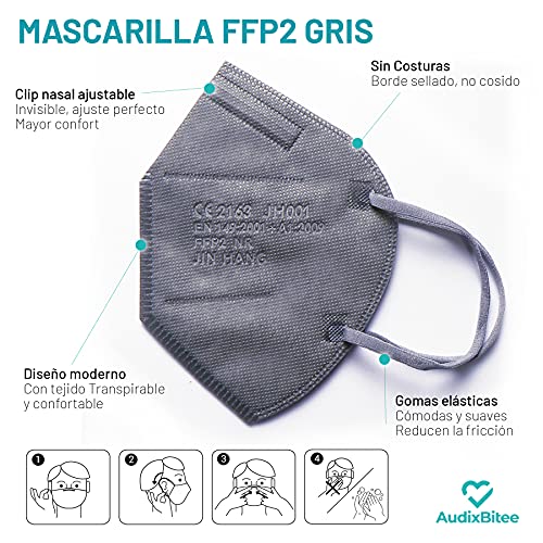 Audix Bitee 20 Mascarillas FFP2 – Color Gris - Homologada CE2163 - Eficiencia 95% - Envuelta Individualmente - Paquete 20 unidades