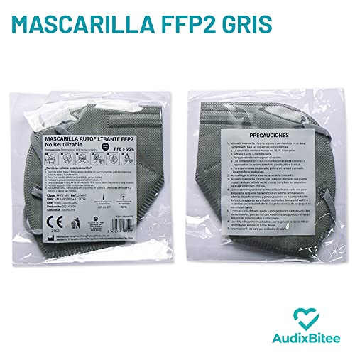 Audix Bitee 20 Mascarillas FFP2 – Color Gris - Homologada CE2163 - Eficiencia 95% - Envuelta Individualmente - Paquete 20 unidades