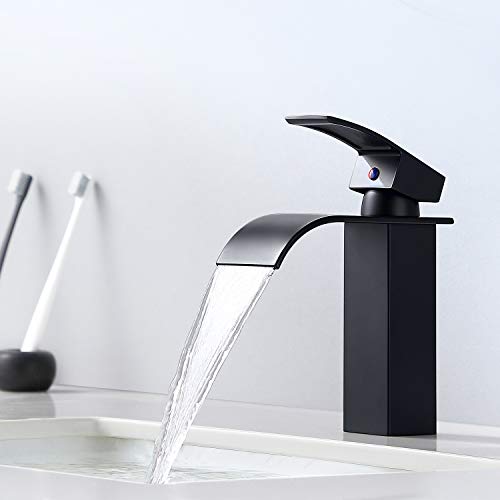 Auralum - Grifo Lavabo Cascada Negro Práctico Moderno Grifos Cascada de Baño Cuadrado Mezclador Grifo de Lavabo Latón Monomando Altura Total 183mm