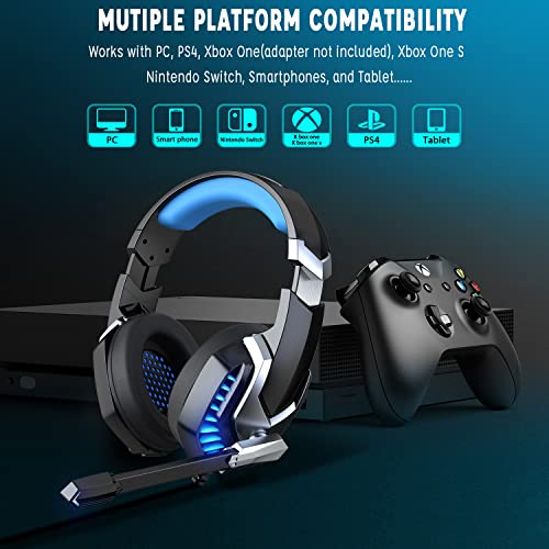 Auriculares Gaming, Cascos Gaming PS4 Auriculares Estéreo Avanzados con Microfono, Cancelación de Ruido Auriculares para Juegos, Luz LED y Orejeras Giratorias de 120°, Compatibles con PS5/Xbox One/PC