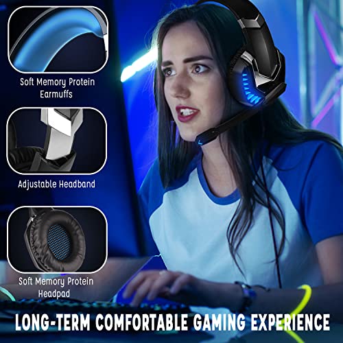 Auriculares Gaming, Cascos Gaming PS4 Auriculares Estéreo Avanzados con Microfono, Cancelación de Ruido Auriculares para Juegos, Luz LED y Orejeras Giratorias de 120°, Compatibles con PS5/Xbox One/PC