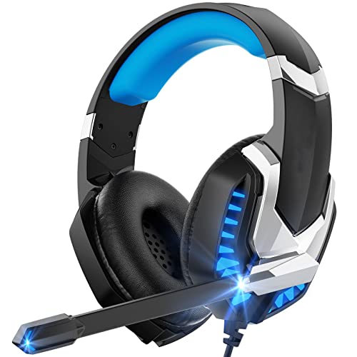 Auriculares Gaming, Cascos Gaming PS4 Auriculares Estéreo Avanzados con Microfono, Cancelación de Ruido Auriculares para Juegos, Luz LED y Orejeras Giratorias de 120°, Compatibles con PS5/Xbox One/PC