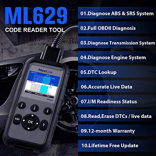 Autel MaxiLink ML629 Diagnósticos Coche OBD2 Escáner para ABS/SRS/Motor y Transmisión 4 Sistemas Diagnosticar, con Auto Vin, Prueba Lista-Versión Actualizada de ML619