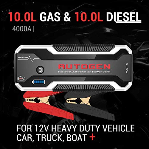 AUTOGEN Arrancador de Coches, 4000A 27000mAh (10.0L + Gasolina y Diesel), Paquete de Refuerzo de Caja de Puente de batería de Litio portátil de 12 voltios para automóviles, SUV y Camiones, QC 3.0