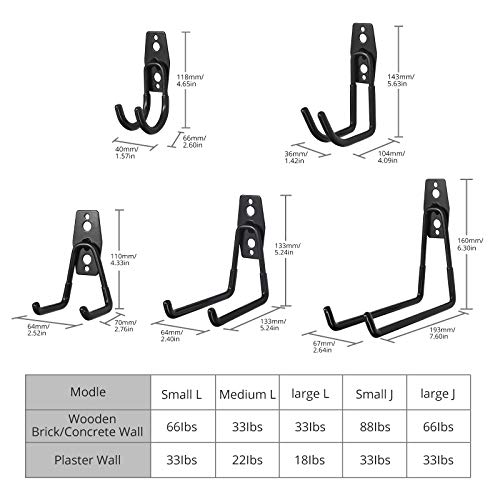 AUTOUTLET Ganchos de Garaje para Trabajo Pesado, 10PCS Ganchos de Almacenamiento de Garaje, Gancho Bicicleta Pared, Soporte para Bicicletas, Escaleras, Sillas Plegables y Artículos Pesados, Negro