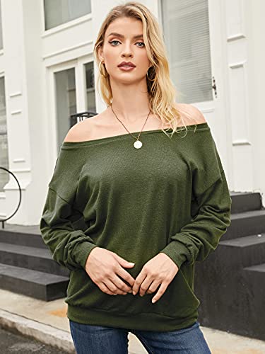 Auxo Mujer Jersey Camiseta Hombros Descubiertos Manga Larga Suéter Tallas Grandes Suelto Suave Top 07-Verde XXL