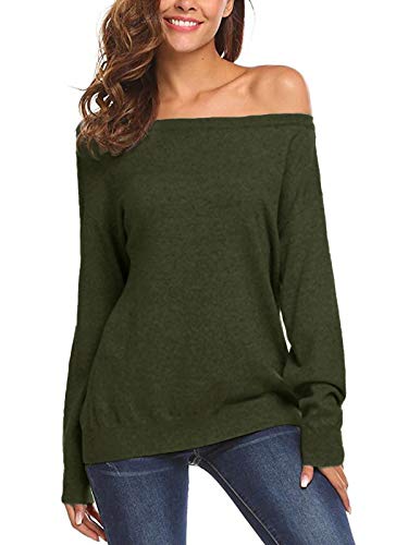 Auxo Mujer Jersey Camiseta Hombros Descubiertos Manga Larga Suéter Tallas Grandes Suelto Suave Top 07-Verde XXL