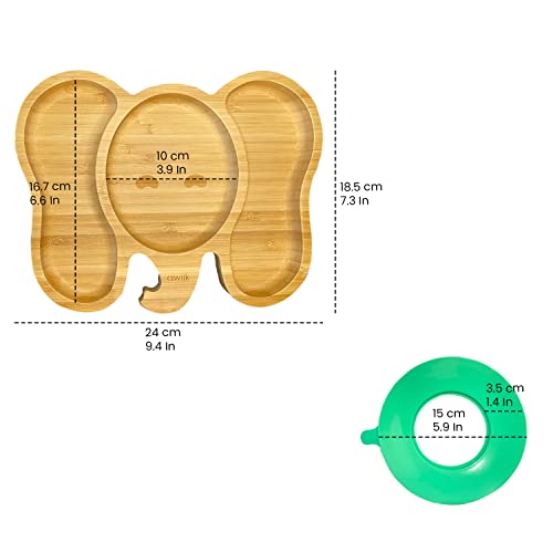 AWIIK - Plato de Bamboo con fuerte ventosa para Bebés y niños pequeños. Plato BLW de bambú antideslizante con succión. Plato infantil antivuelco para aprender a comer BLW (Elephant_Green)