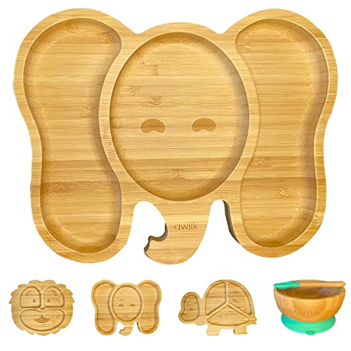 AWIIK - Plato de Bamboo con fuerte ventosa para Bebés y niños pequeños. Plato BLW de bambú antideslizante con succión. Plato infantil antivuelco para aprender a comer BLW (Elephant_Green)