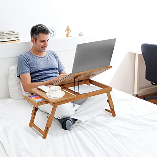 AYNEFY Mesa de Cama para Ordenador Portátil de Madera de Bambú Plegable Altura Regulable Soporte Para Portátil Mesa de Desayuno Mesa de Cuidado Portátil con CajóN Para Cama Sofá Suelo