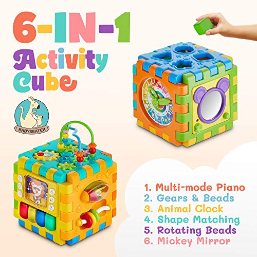 Baby Activity Cube - 6-in-1 Multi-Assembly Activity Square for Babies 10m + - Cubo de juego sin BPA para bebés y niños pequeños enseña habilidades cognitivas y motoras con música formas engranajes