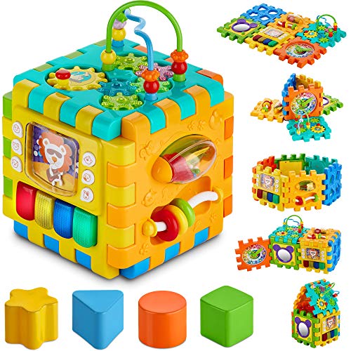 Baby Activity Cube - 6-in-1 Multi-Assembly Activity Square for Babies 10m + - Cubo de juego sin BPA para bebés y niños pequeños enseña habilidades cognitivas y motoras con música formas engranajes