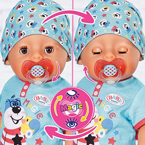 BABY born Soft Touch - Niño 43 cm con Chupete Mágico, Muñeco Realisto con Funciones Realistas, Suave al Tacto, Cuerpo Flexible, Come, Duerme, Llora y Usa la Bacinica, 11 Accesorios, Azul