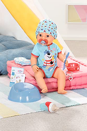 BABY born Soft Touch - Niño 43 cm con Chupete Mágico, Muñeco Realisto con Funciones Realistas, Suave al Tacto, Cuerpo Flexible, Come, Duerme, Llora y Usa la Bacinica, 11 Accesorios, Azul