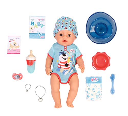 BABY born Soft Touch - Niño 43 cm con Chupete Mágico, Muñeco Realisto con Funciones Realistas, Suave al Tacto, Cuerpo Flexible, Come, Duerme, Llora y Usa la Bacinica, 11 Accesorios, Azul