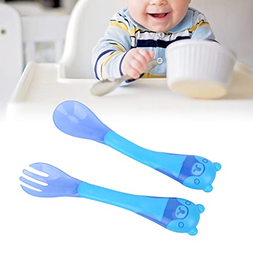 Baby Fork Spoon Set, Utensilios para bebés Cucharas Tenedores Limpieza colorida segura con mango de silicona para alimentar(blue)