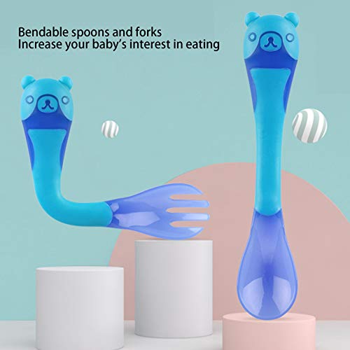 Baby Fork Spoon Set, Utensilios para bebés Cucharas Tenedores Limpieza colorida segura con mango de silicona para alimentar(blue)