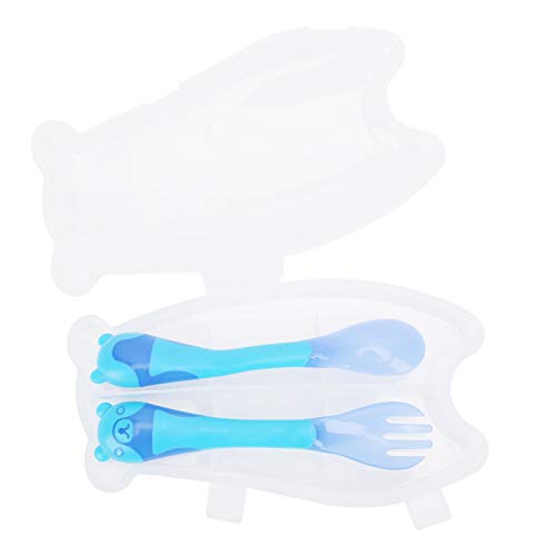 Baby Fork Spoon Set, Utensilios para bebés Cucharas Tenedores Limpieza colorida segura con mango de silicona para alimentar(blue)