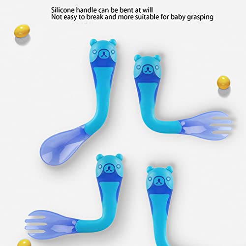 Baby Fork Spoon Set, Utensilios para bebés Cucharas Tenedores Limpieza colorida segura con mango de silicona para alimentar(blue)