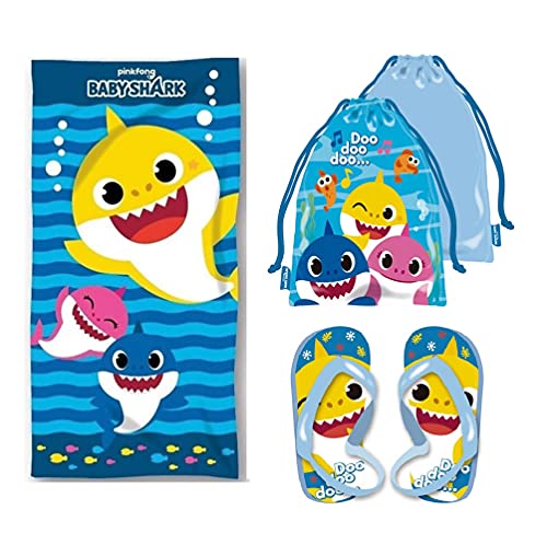 Baby Shark Pack Toalla de Playa Infantil y Sandalias niño, Toalla Infantil y Chanclas niños, Toalla Playa Grande. (Talla 22)