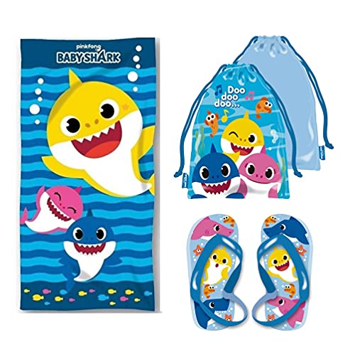 Baby Shark Pack Toalla de Playa Infantil y Sandalias niño, Toalla Infantil y Chanclas niños, Toalla Playa Grande. (Talla 22)