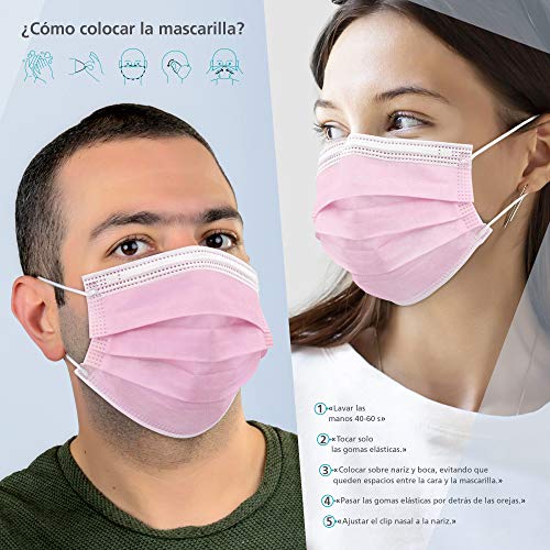 BAENA SALUD 50 Mascarillas Quirúrgicas, higiénicas, desechables, Tipo IIR, en color rosa, filtración (BFE) 98%, hechas en España