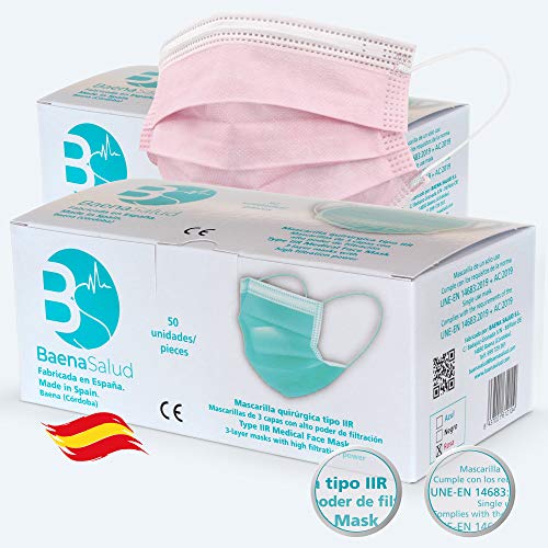 Baena Salud PK2929 - 100 Mascarillas quirúrgicas, higiénicas, desechables, tipo IIR, filtración (BFE) >/= 98%, color rosa