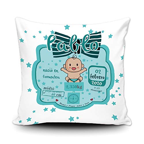 BAGEYOU Funda de Almohada Personalizada con impresión de Datos de Nacimiento Funda de cojín para bebé Azul Lindo Regalo de cumpleaños para niño, 50 x 50 cm