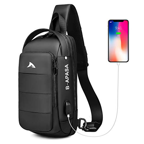 BAIGIO Bolsa Bandolera Hombre con USB, Bolsa de Pecho, Bolsa para Hombres para Senderismo Ligero Ciclismo Pecho Sling Crossbody Hombro Mochila Casual Impermeable Viajes (Negro)