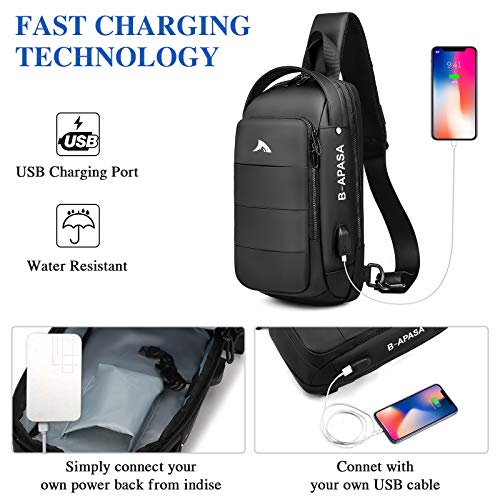 BAIGIO Bolsa Bandolera Hombre con USB, Bolsa de Pecho, Bolsa para Hombres para Senderismo Ligero Ciclismo Pecho Sling Crossbody Hombro Mochila Casual Impermeable Viajes (Negro)